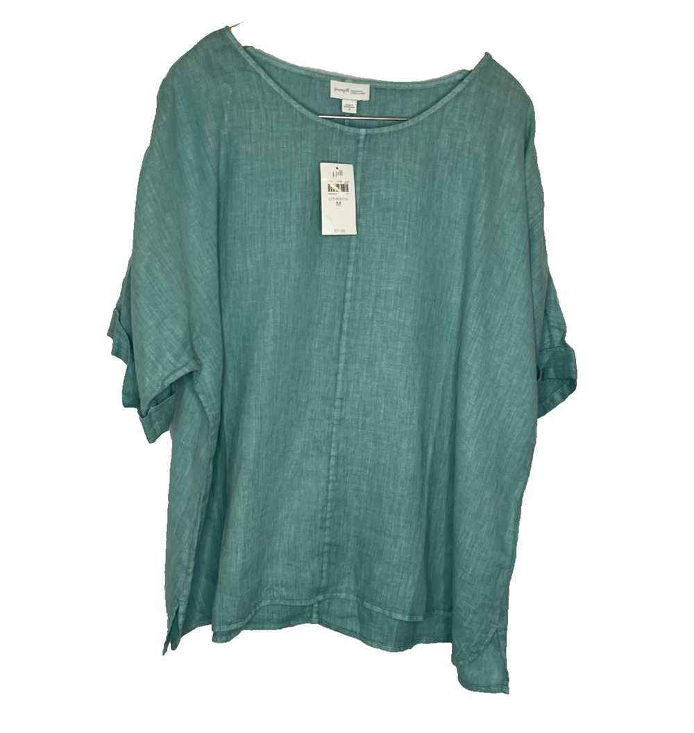 Women's Medium Pure J.Jill Teal Blue 100% Linen Pullover Lagenlook Blouse NEW